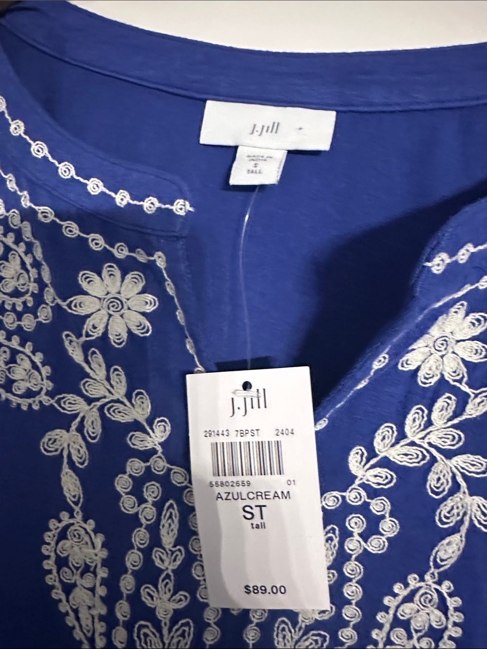 J. Jill NWT Blue Embroidered Tunic Blouse Boho Azul Cream Top Small Tall - Picture 2 of 8